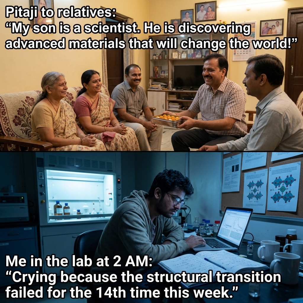 Scientist to Relatives, 2 AM in Reality: Public image: scientist. Private reality: formatting references.